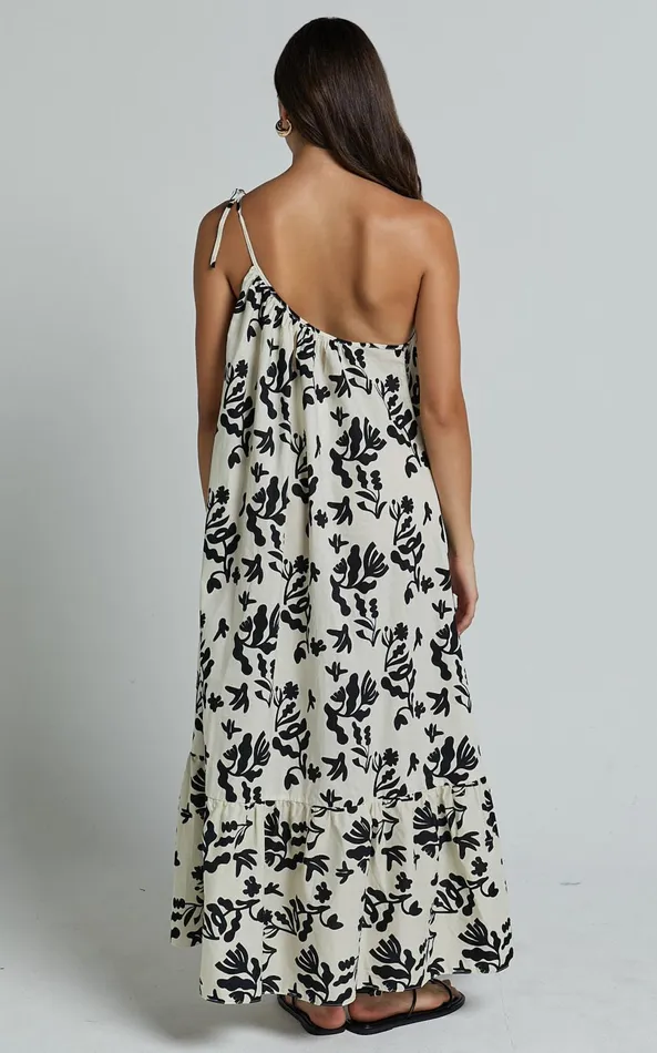 Showpo Illyana Midi Dress 8211 Asymmetric One Shoulder Frill Hem Dress In White And Black Print Women Dresses