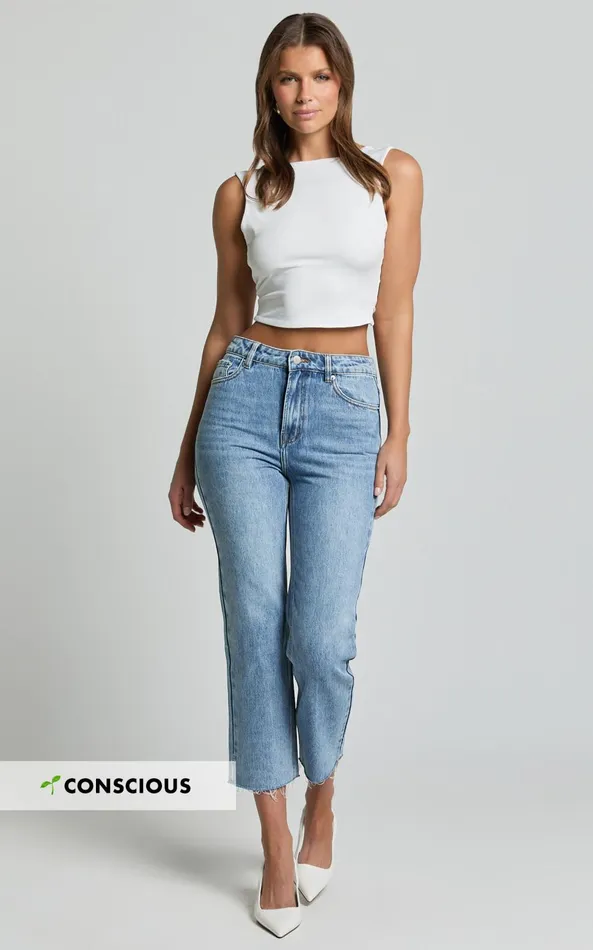 Showpo Imelda Jeans 8211 Mid Waist Frayed Hem Recycled Denim Crop Straight Leg Jeans In Mid Blue Wash Women Denim Showpo Imelda Jeans 8211 Mid Waist Frayed Hem Recycled Denim Crop Straight Leg Jeans In Mid Blue Wash Women Denim