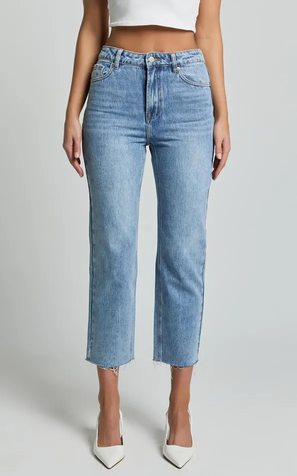 Showpo Imelda Jeans 8211 Mid Waist Frayed Hem Recycled Denim Crop Straight Leg Jeans In Mid Blue Wash Women Denim