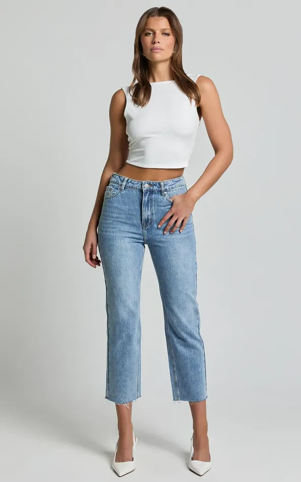 Showpo Imelda Jeans 8211 Mid Waist Frayed Hem Recycled Denim Crop Straight Leg Jeans In Mid Blue Wash Women Denim
