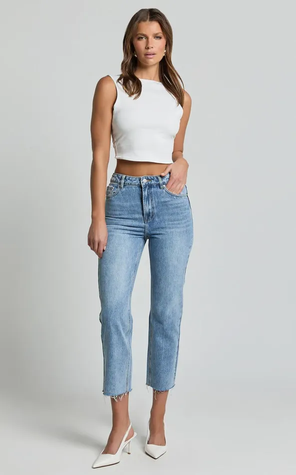 Showpo Imelda Jeans 8211 Mid Waist Frayed Hem Recycled Denim Crop Straight Leg Jeans In Mid Blue Wash Women Denim