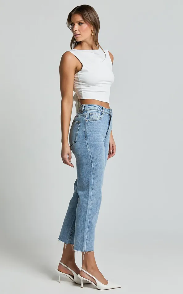 Showpo Imelda Jeans 8211 Mid Waist Frayed Hem Recycled Denim Crop Straight Leg Jeans In Mid Blue Wash Women Denim