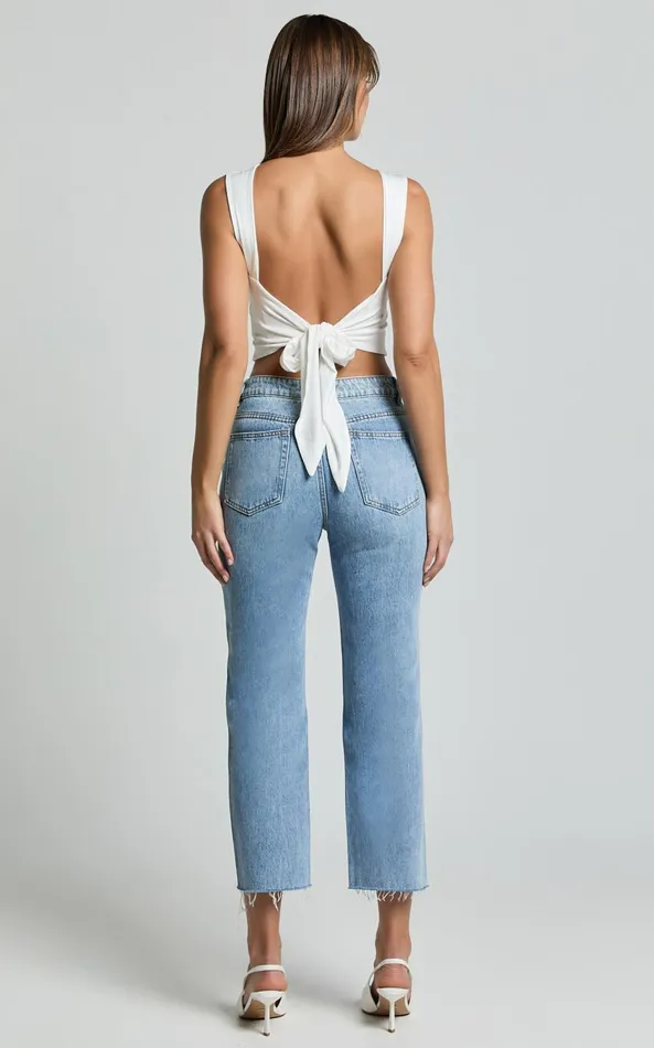 Showpo Imelda Jeans 8211 Mid Waist Frayed Hem Recycled Denim Crop Straight Leg Jeans In Mid Blue Wash Women Denim