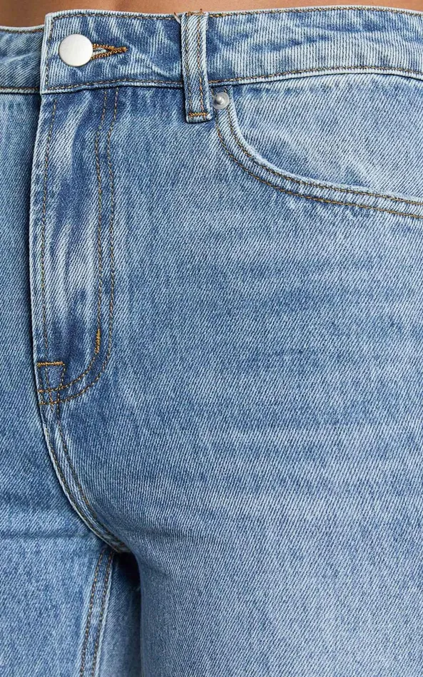 Showpo Imelda Jeans 8211 Mid Waist Frayed Hem Recycled Denim Crop Straight Leg Jeans In Mid Blue Wash Women Denim
