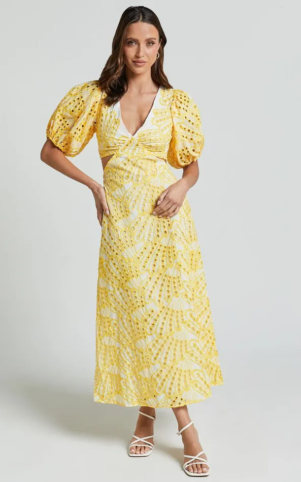 Showpo Imogen Midi Dress 8211 Plunge Neck Puff Sleeve Side Cut Out Dress In White And Yellow Women Dresses Showpo Imogen Midi Dress 8211 Plunge Neck Puff Sleeve Side Cut Out Dress In White And Yellow Women Dresses
