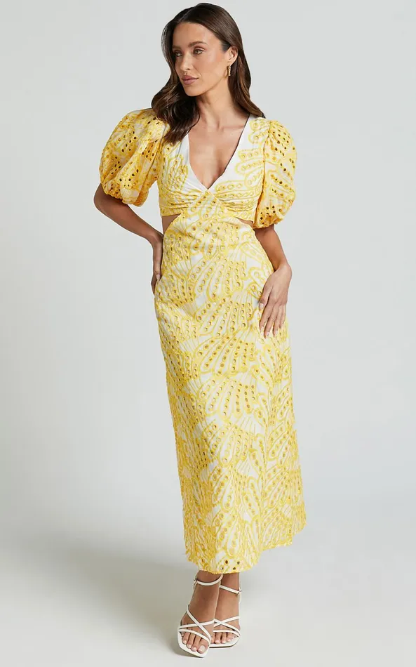 Showpo Imogen Midi Dress 8211 Plunge Neck Puff Sleeve Side Cut Out Dress In White And Yellow Women Dresses