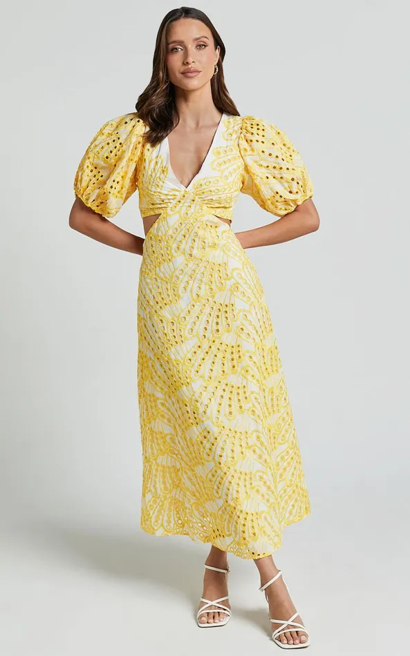 Showpo Imogen Midi Dress 8211 Plunge Neck Puff Sleeve Side Cut Out Dress In White And Yellow Women Dresses
