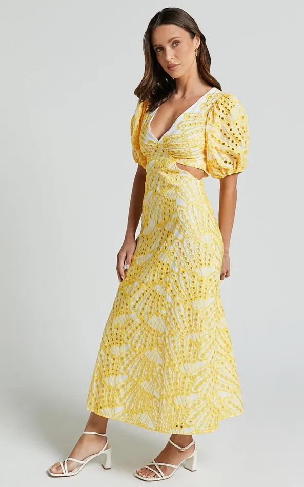 Showpo Imogen Midi Dress 8211 Plunge Neck Puff Sleeve Side Cut Out Dress In White And Yellow Women Dresses