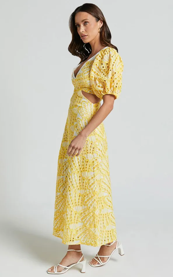 Showpo Imogen Midi Dress 8211 Plunge Neck Puff Sleeve Side Cut Out Dress In White And Yellow Women Dresses