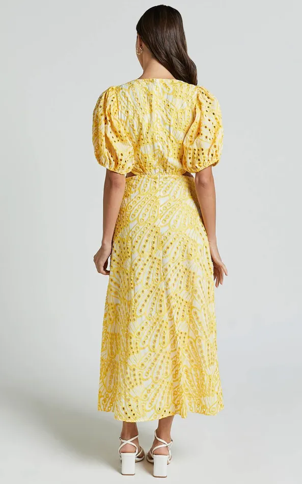 Showpo Imogen Midi Dress 8211 Plunge Neck Puff Sleeve Side Cut Out Dress In White And Yellow Women Dresses