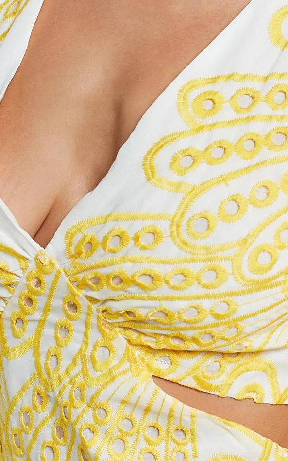 Showpo Imogen Midi Dress 8211 Plunge Neck Puff Sleeve Side Cut Out Dress In White And Yellow Women Dresses