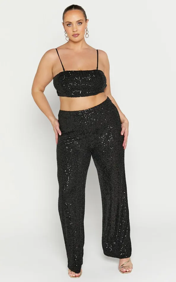 Showpo Imogen Two Piece Set 8211 Bandeau Top And Straight Pants Set In Black Sequin Women Curve Clothes