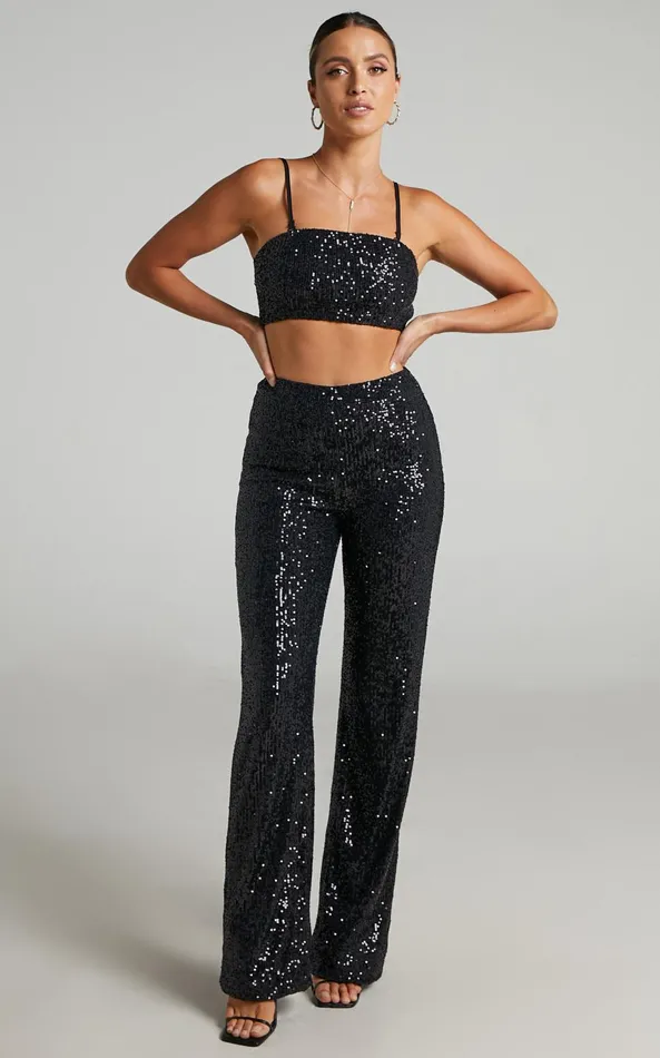 Showpo Imogen Two Piece Set 8211 Bandeau Top And Straight Pants Set In Black Sequin Women Curve Clothes