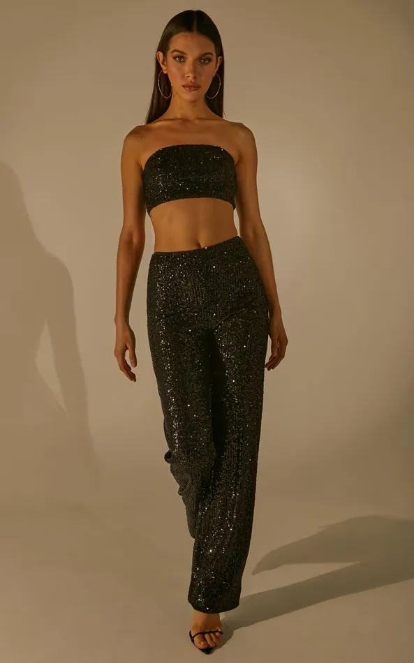 Showpo Imogen Two Piece Set 8211 Bandeau Top And Straight Pants Set In Black Sequin Women Curve Clothes