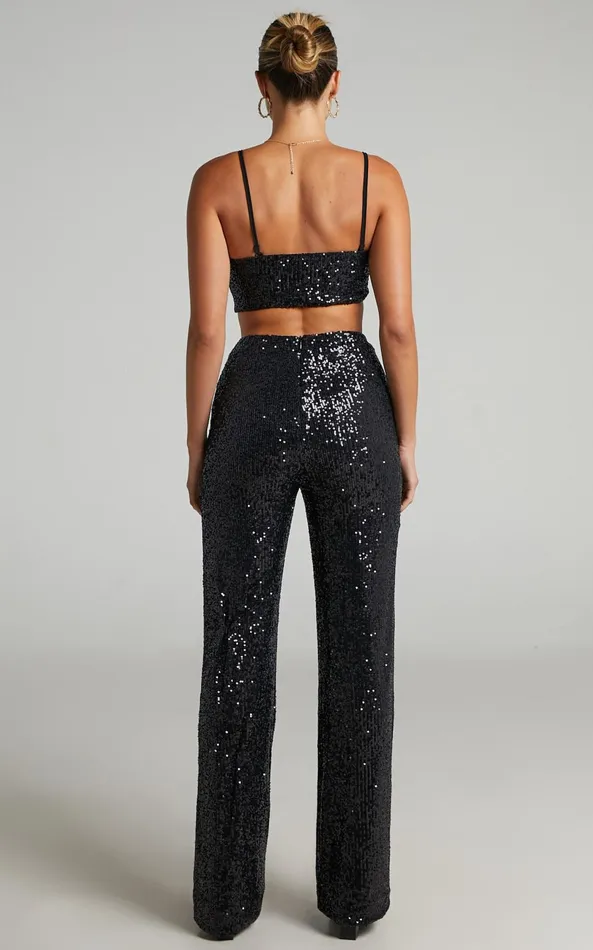 Showpo Imogen Two Piece Set 8211 Bandeau Top And Straight Pants Set In Black Sequin Women Curve Clothes