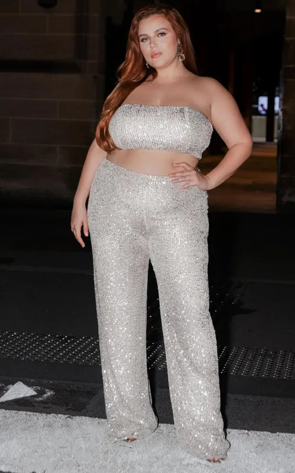 Showpo Imogen Two Piece Set 8211 Bandeau Top And Straight Pants Set In Silver Sequin Women Curve Clothes