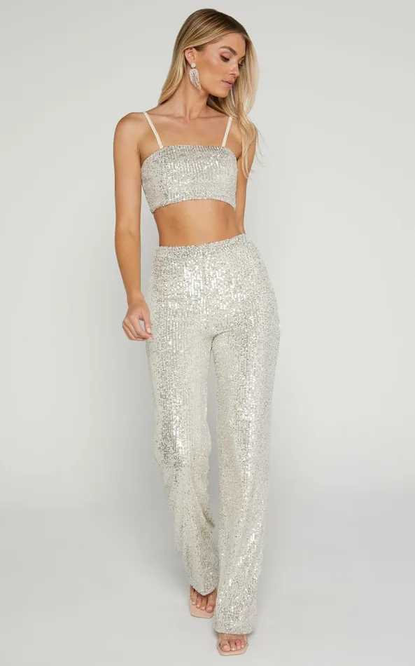 Showpo Imogen Two Piece Set 8211 Bandeau Top And Straight Pants Set In Silver Sequin Women Curve Clothes