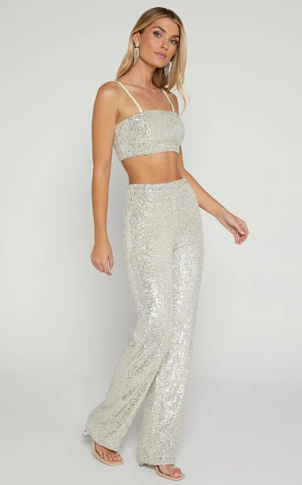 Showpo Imogen Two Piece Set 8211 Bandeau Top And Straight Pants Set In Silver Sequin Women Curve Clothes