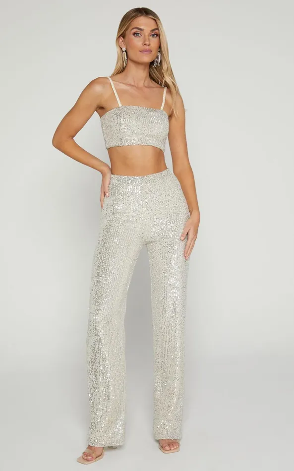 Showpo Imogen Two Piece Set 8211 Bandeau Top And Straight Pants Set In Silver Sequin Women Curve Clothes