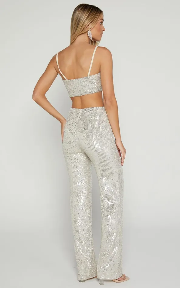 Showpo Imogen Two Piece Set 8211 Bandeau Top And Straight Pants Set In Silver Sequin Women Curve Clothes
