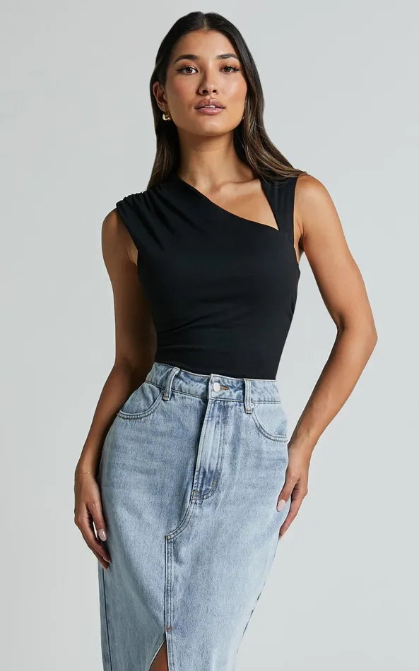 Showpo Inessa Top 8211 Sleeveless Asymmetrical Neck Top In Black Women Basics