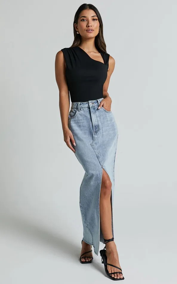 Showpo Inessa Top 8211 Sleeveless Asymmetrical Neck Top In Black Women Basics