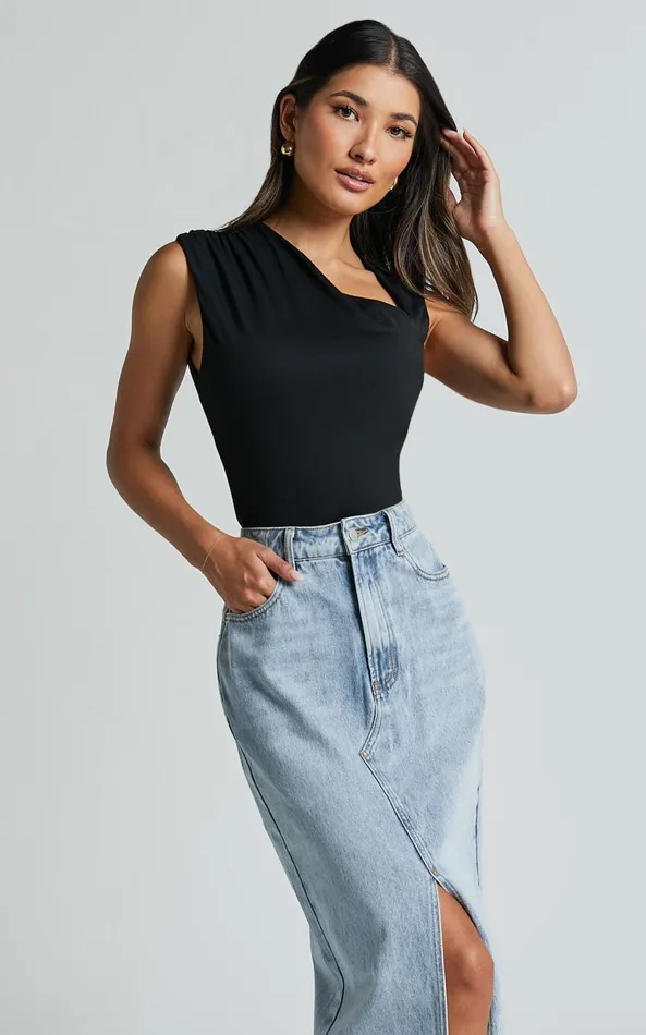 Showpo Inessa Top 8211 Sleeveless Asymmetrical Neck Top In Black Women Basics