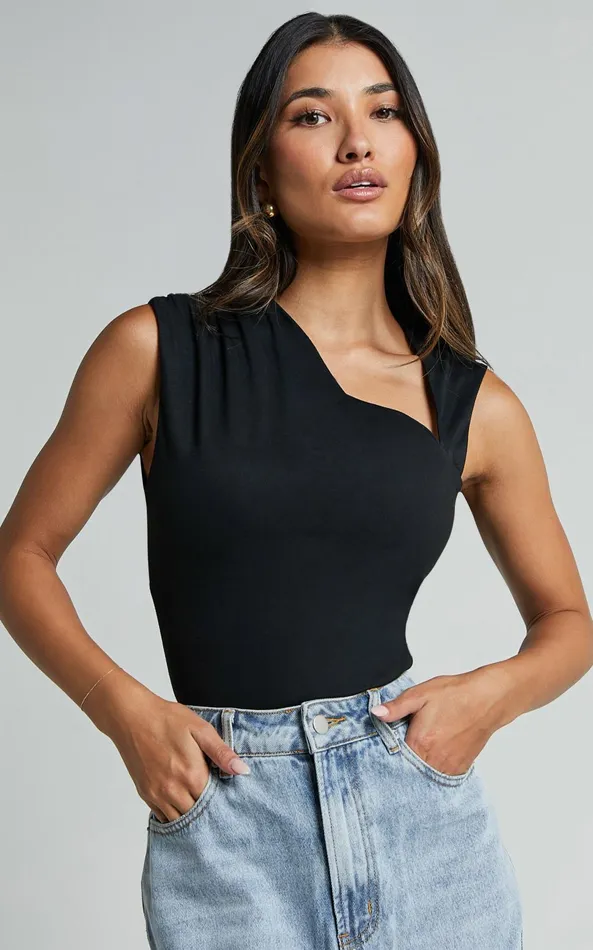 Showpo Inessa Top 8211 Sleeveless Asymmetrical Neck Top In Black Women Basics