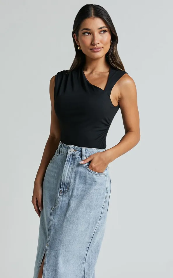 Showpo Inessa Top 8211 Sleeveless Asymmetrical Neck Top In Black Women Basics
