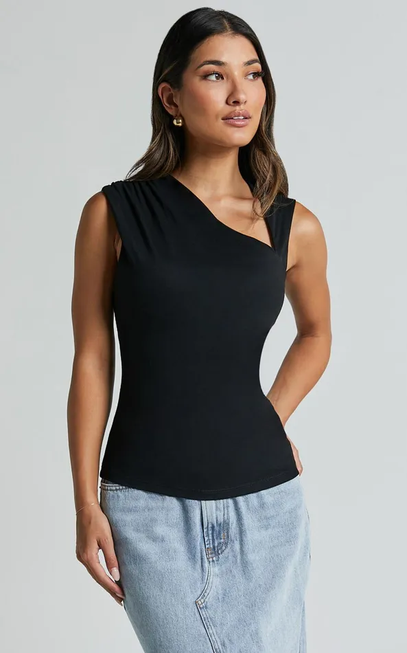Showpo Inessa Top 8211 Sleeveless Asymmetrical Neck Top In Black Women Basics