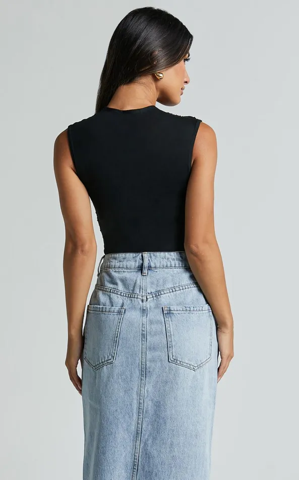 Showpo Inessa Top 8211 Sleeveless Asymmetrical Neck Top In Black Women Basics