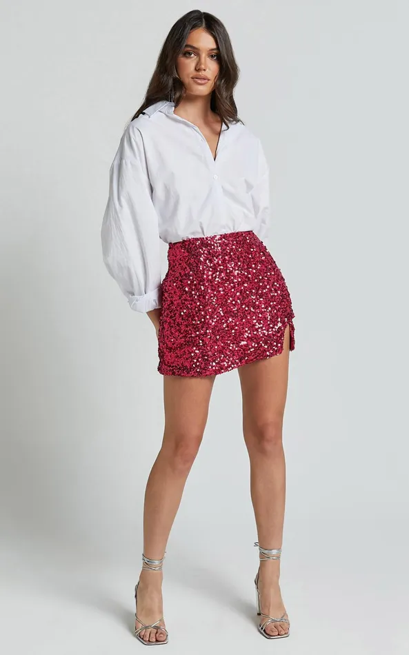 Showpo Ingrid Mini Skirt 8211 Sequin Skirt In Fuchsia Women Skirts