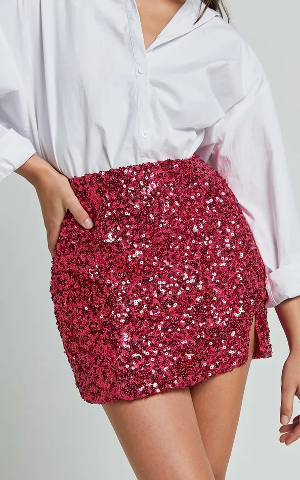 Showpo Ingrid Mini Skirt 8211 Sequin Skirt In Fuchsia Women Skirts