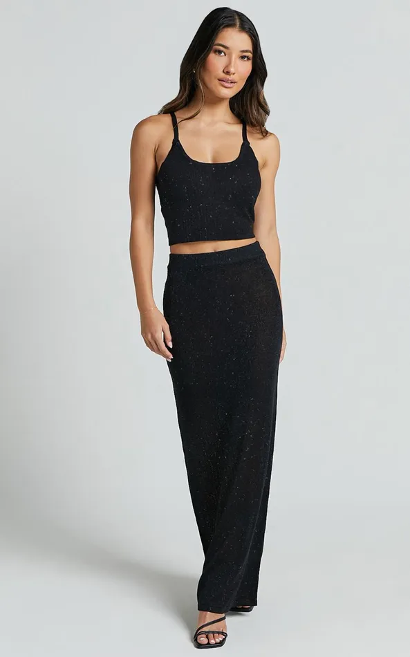 Showpo Irina Two Piece Set 8211 Glitter Knit Cami Top And Midi Skirt In Black Women Two Piece Sets and Coords
