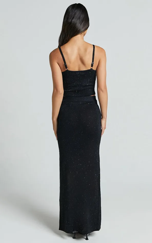 Showpo Irina Two Piece Set 8211 Glitter Knit Cami Top And Midi Skirt In Black Women Two Piece Sets and Coords
