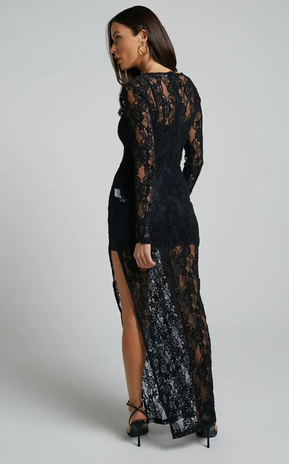 Showpo Iroshani Midi Dress 8211 Long Sleeve Lace With Slip Dress In Black Women Dresses