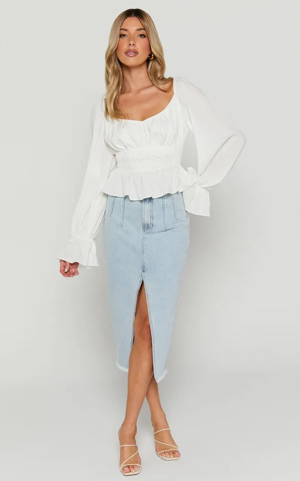 Showpo Isa Top 8211 Long Sleeve Elastic Detail Ruched Waist Top In White Women Tops