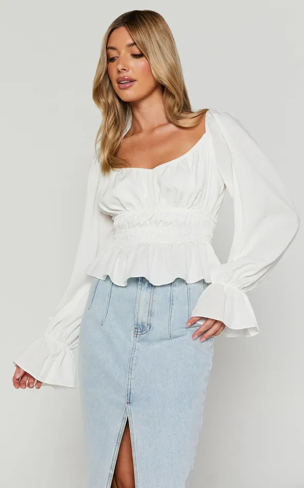Showpo Isa Top 8211 Long Sleeve Elastic Detail Ruched Waist Top In White Women Tops