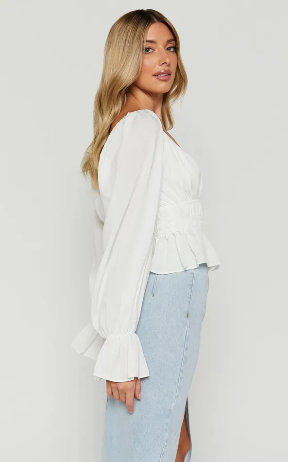 Showpo Isa Top 8211 Long Sleeve Elastic Detail Ruched Waist Top In White Women Tops
