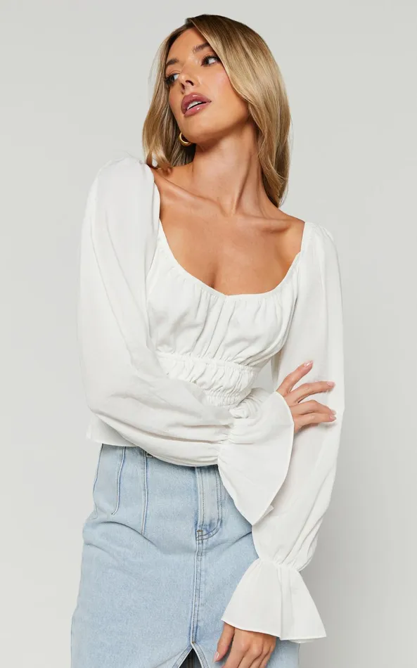 Showpo Isa Top 8211 Long Sleeve Elastic Detail Ruched Waist Top In White Women Tops