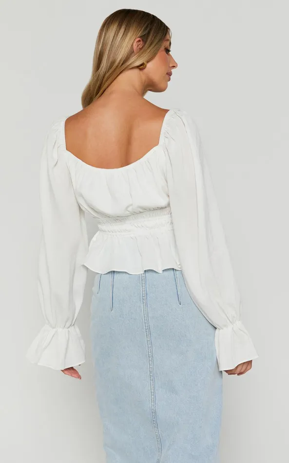 Showpo Isa Top 8211 Long Sleeve Elastic Detail Ruched Waist Top In White Women Tops