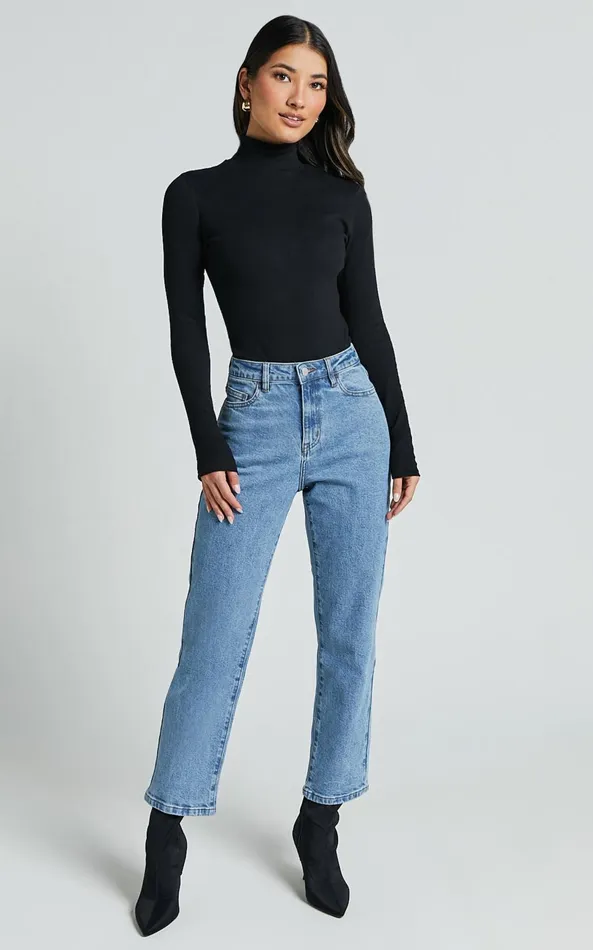 Showpo Isabela Bodysuit 8211 High Neck Long Sleeve Ribbed Bodysuit In Black Women Tops