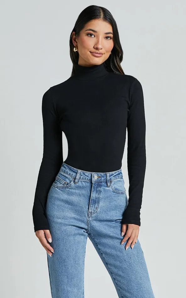 Showpo Isabela Bodysuit 8211 High Neck Long Sleeve Ribbed Bodysuit In Black Women Tops
