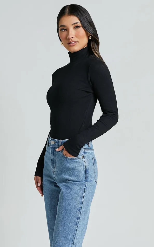 Showpo Isabela Bodysuit 8211 High Neck Long Sleeve Ribbed Bodysuit In Black Women Tops