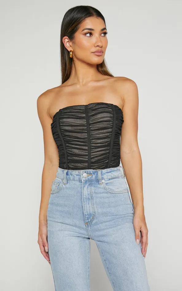 Showpo Isabella Bodysuit 8211 Ruched Strapless Mesh Corset In Black Women Tops
