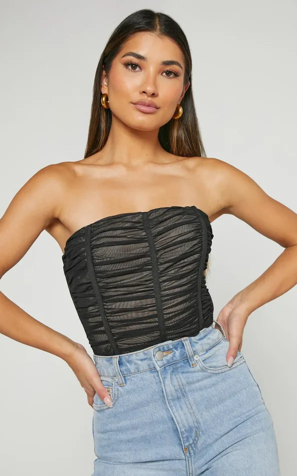 Showpo Isabella Bodysuit 8211 Ruched Strapless Mesh Corset In Black Women Tops