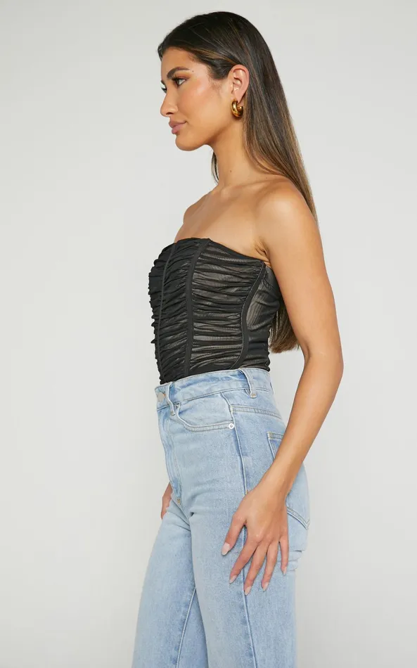 Showpo Isabella Bodysuit 8211 Ruched Strapless Mesh Corset In Black Women Tops