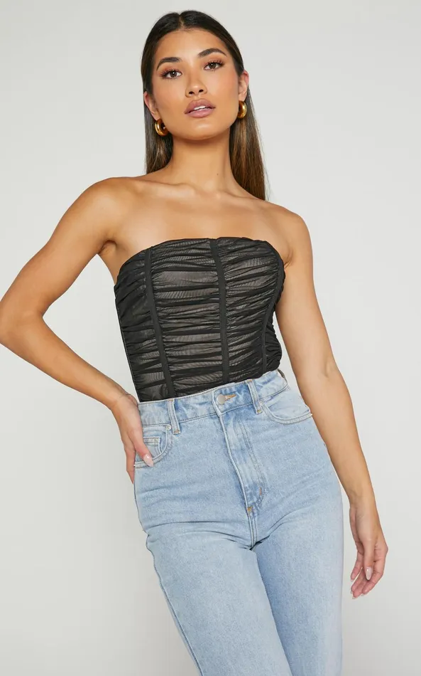 Showpo Isabella Bodysuit 8211 Ruched Strapless Mesh Corset In Black Women Tops