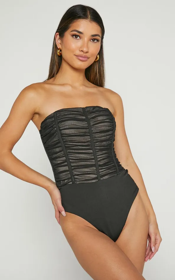 Showpo Isabella Bodysuit 8211 Ruched Strapless Mesh Corset In Black Women Tops