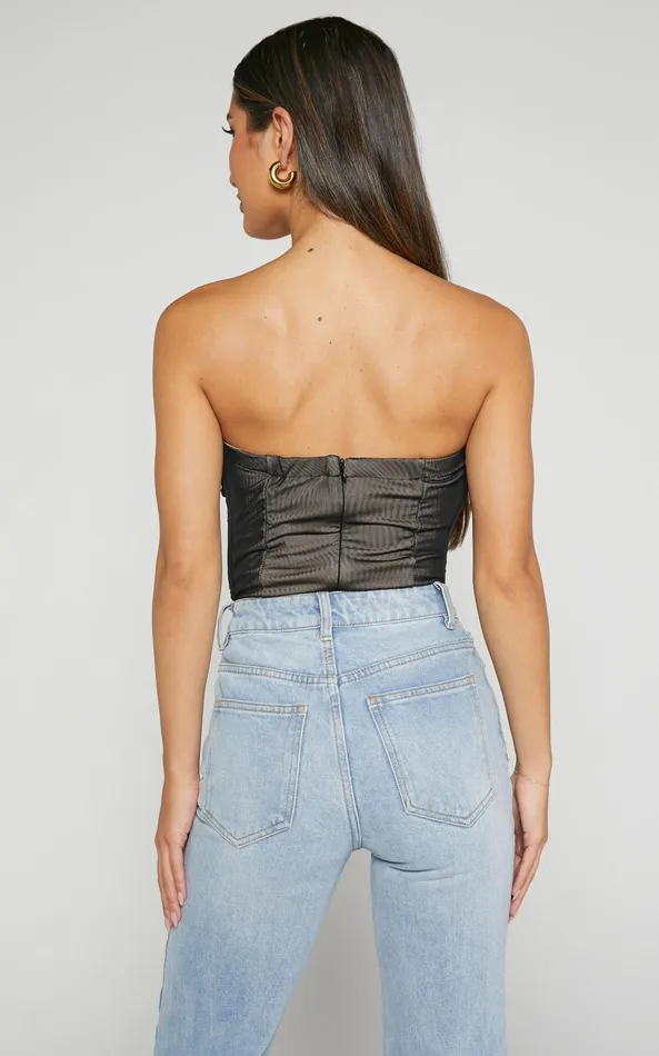 Showpo Isabella Bodysuit 8211 Ruched Strapless Mesh Corset In Black Women Tops